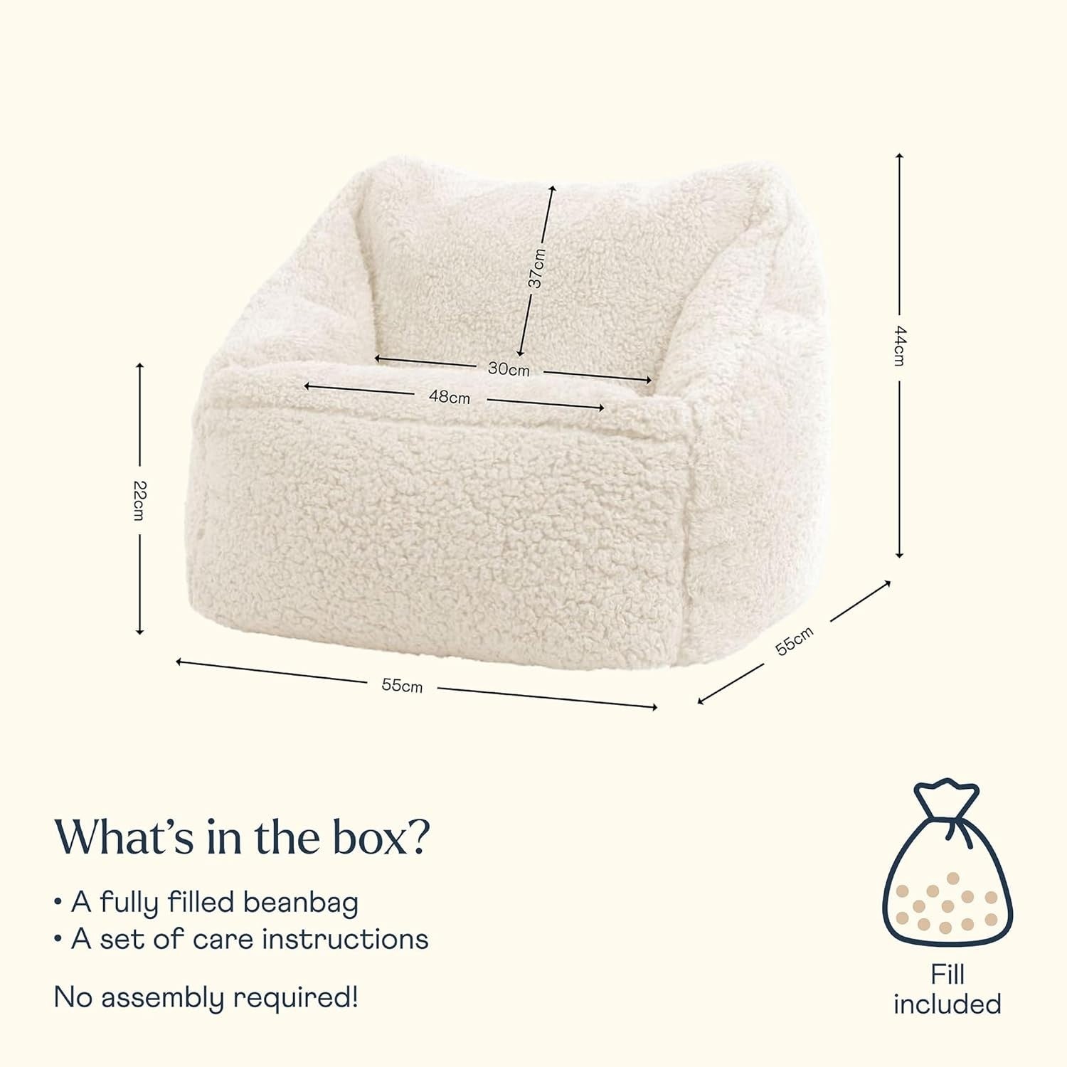 Cream Teddy Kids Bean Bag Chair – Soft Fleece Lounge Armchair Seat
