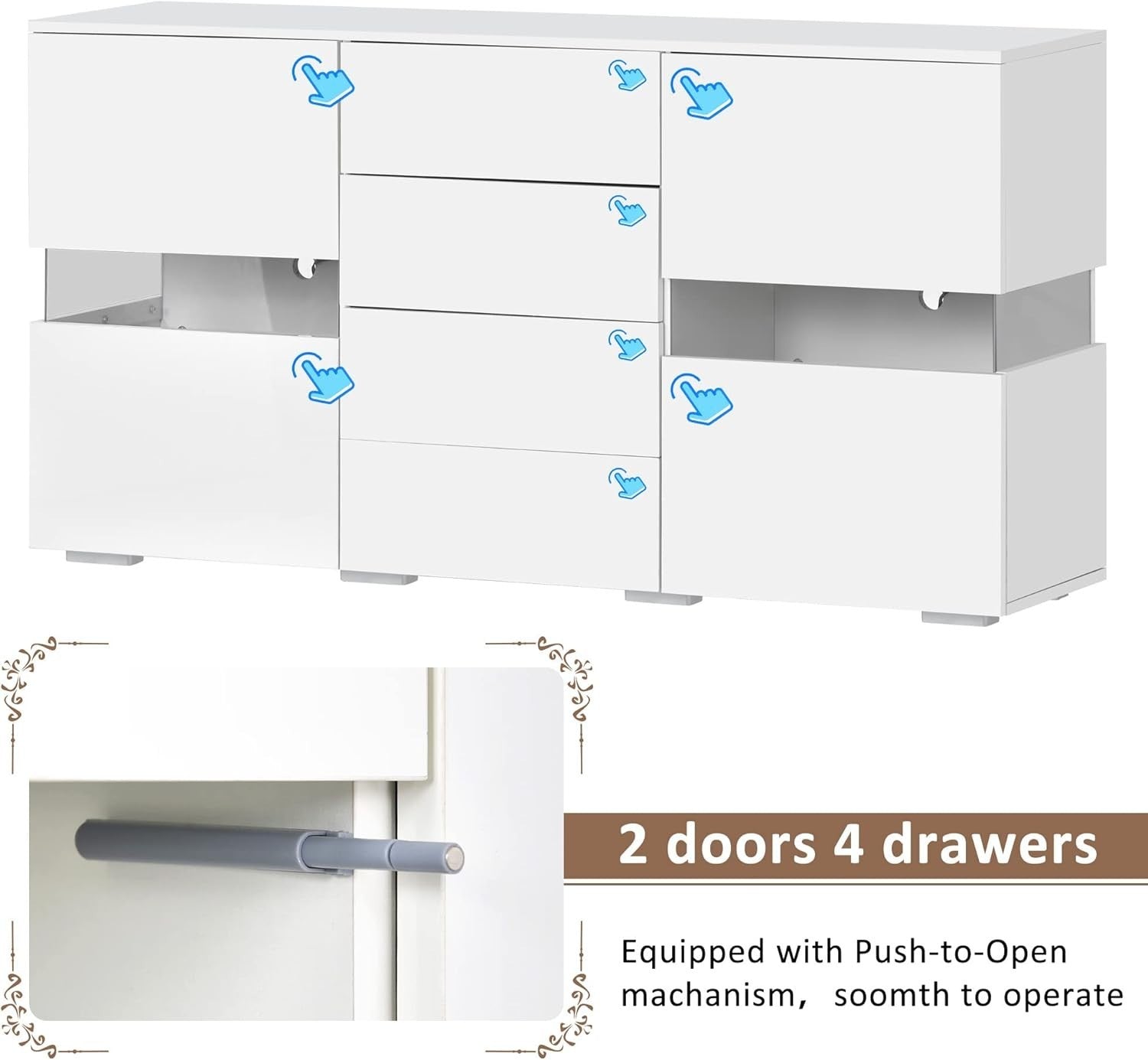 White Gloss LED Sideboard Cabinet 2 Door 4 Drawer Storage RGB USB