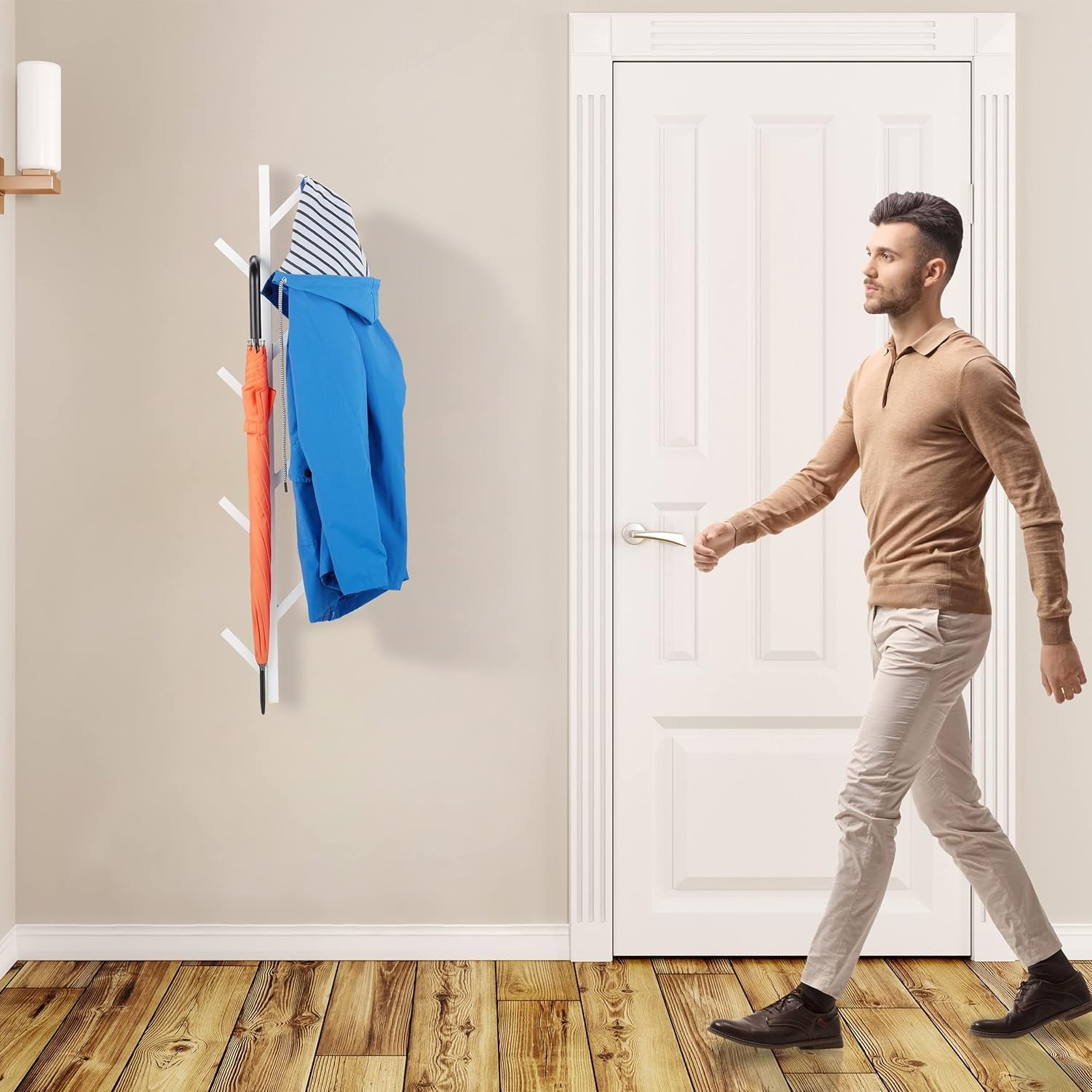 Tree Shaped Wall Mounted Coat Rack 8 Hooks White Metal Space Saving 100cm