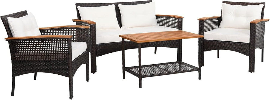 4PC Rattan Garden Lounge Set Loveseat Armchairs Coffee Table Cushioned