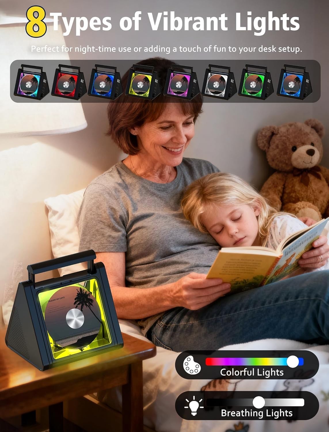 Portable Bluetooth CD Player 20W Stereo RGB Lights FM AUX USB