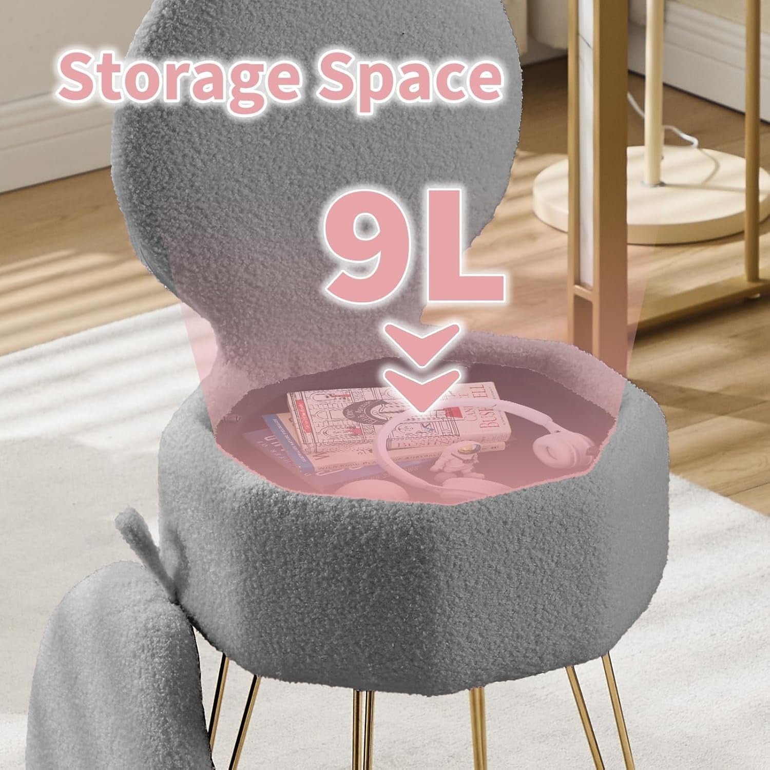 Grey Sherpa Vanity Chair with Storage & Foldable Backrest – Metal Leg