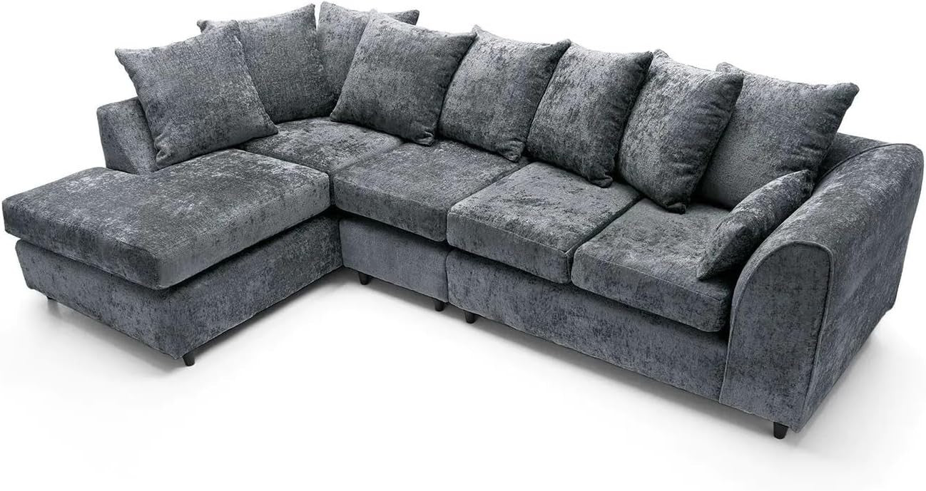 5 Seater Grey Chenille Corner Sofa – L Shape, Scatter Back, Comfy & Washable