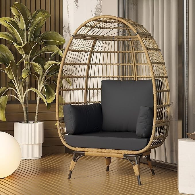 Oversized Wicker Egg Chair Outdoor Indoor Rocking Seat w/ Cushions 350lbs