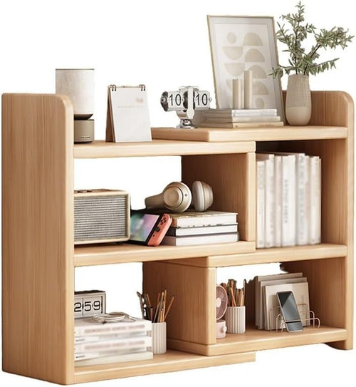 Expandable 2-Tier Wood Desktop Bookshelf | Adjustable Natural Storage Rack