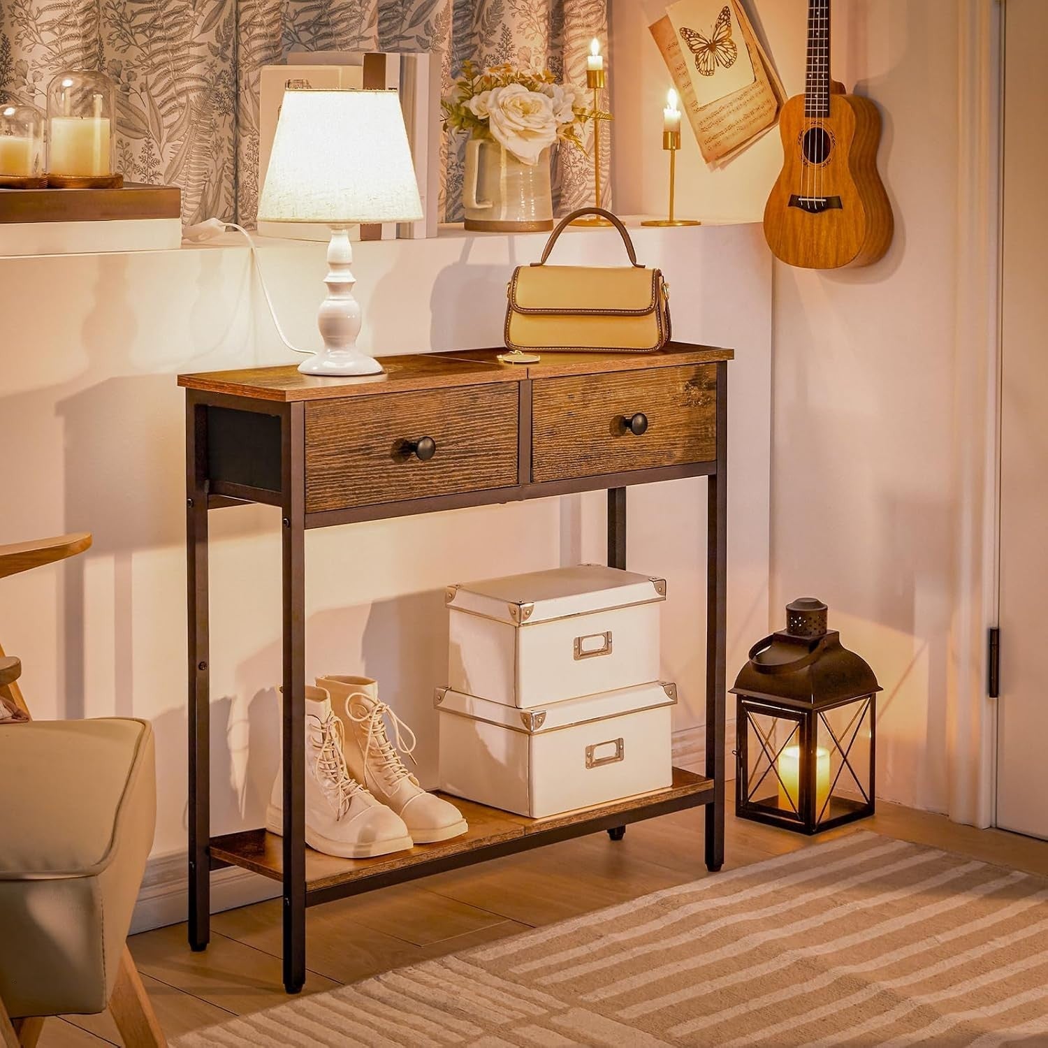Slim Console Table with Storage Drawers & Shelf, Industrial Rustic Look