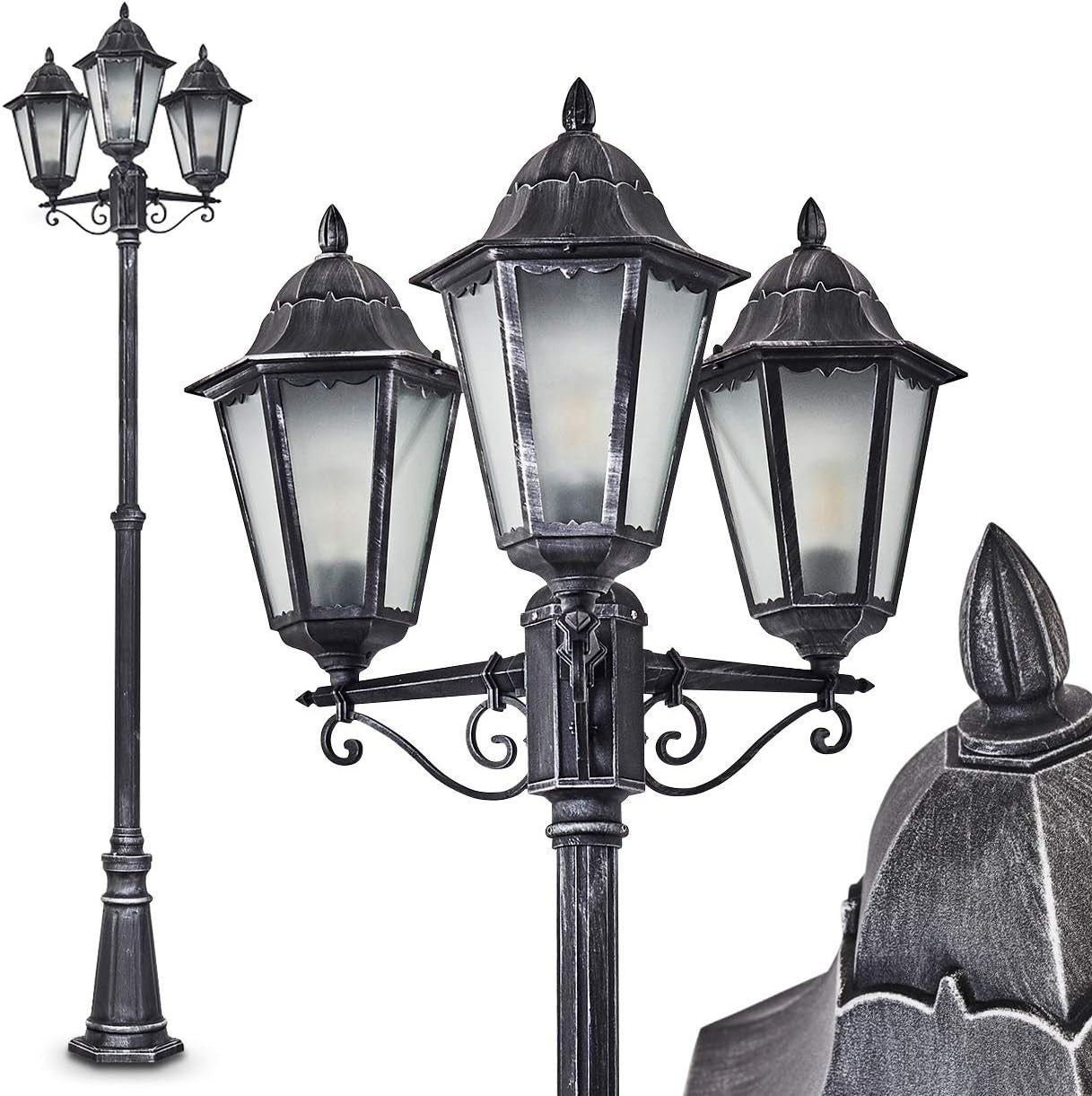 Lignac Frost 3-Arm Outdoor Lamp Post Black Silver Antique Garden Light