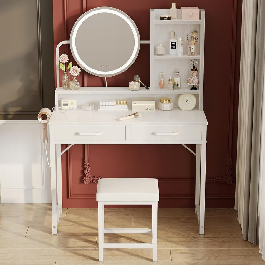 White Vanity Dressing Table Makeup Desk with LED Mirror & Storage Drawers 80cm