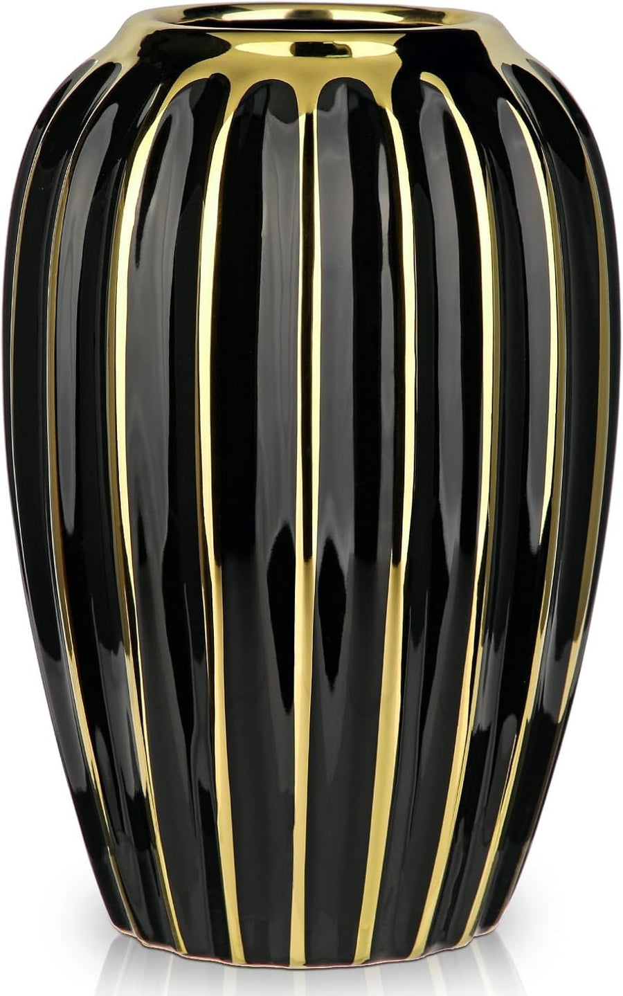 Black Gold Ribbed Ceramic Vase Luxury Decorative Floral Table Home Décor