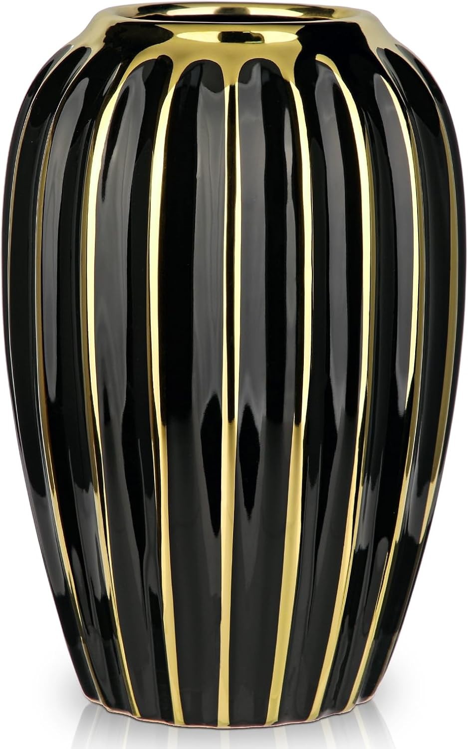 Black Gold Ribbed Ceramic Vase Luxury Decorative Floral Table Home Décor