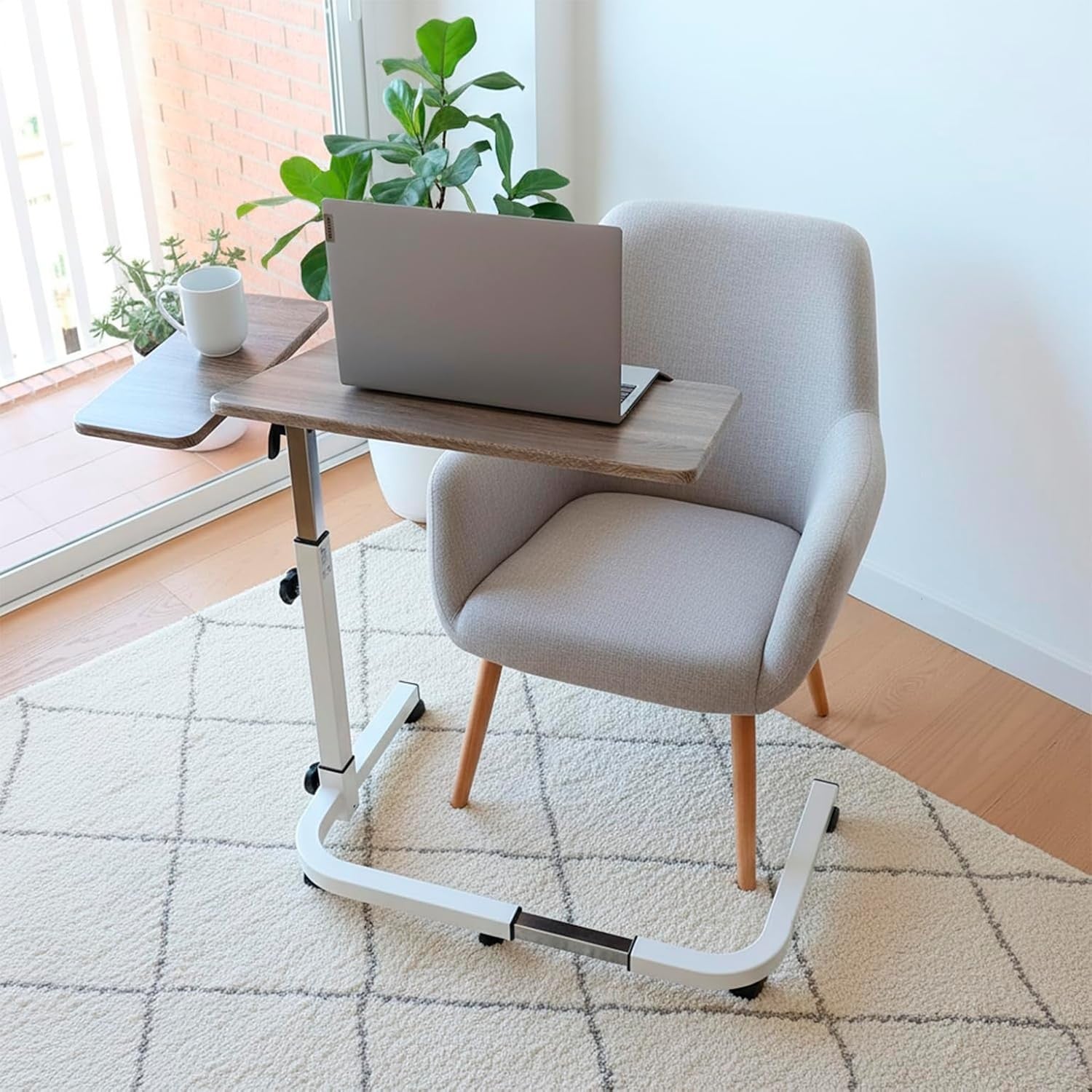 Overbed Table with Wheels Adjustable Height Tilting Laptop Desk White