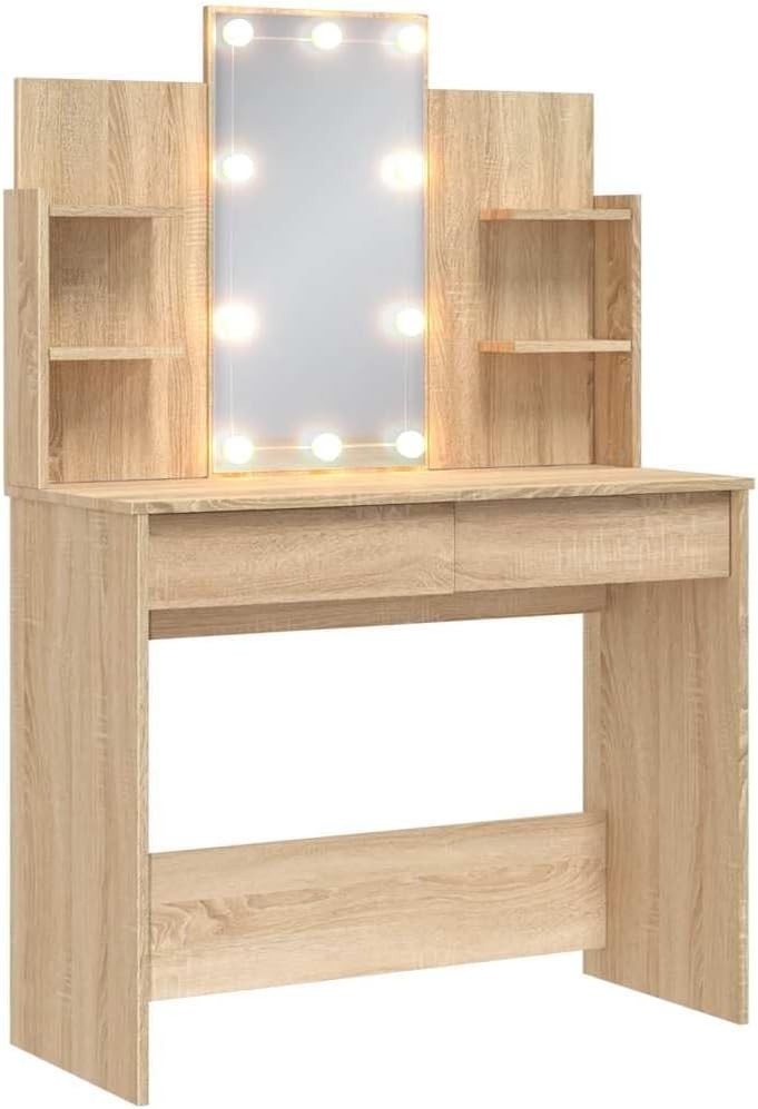 Vanity Dressing Table Desk Mirror LED Lights Sonoma Oak 2 Drawers Storage Makeup
