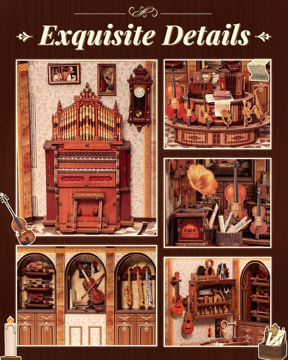 DIY Book Nook Kit Classical Music Workshop LED Miniature Bookend Decor