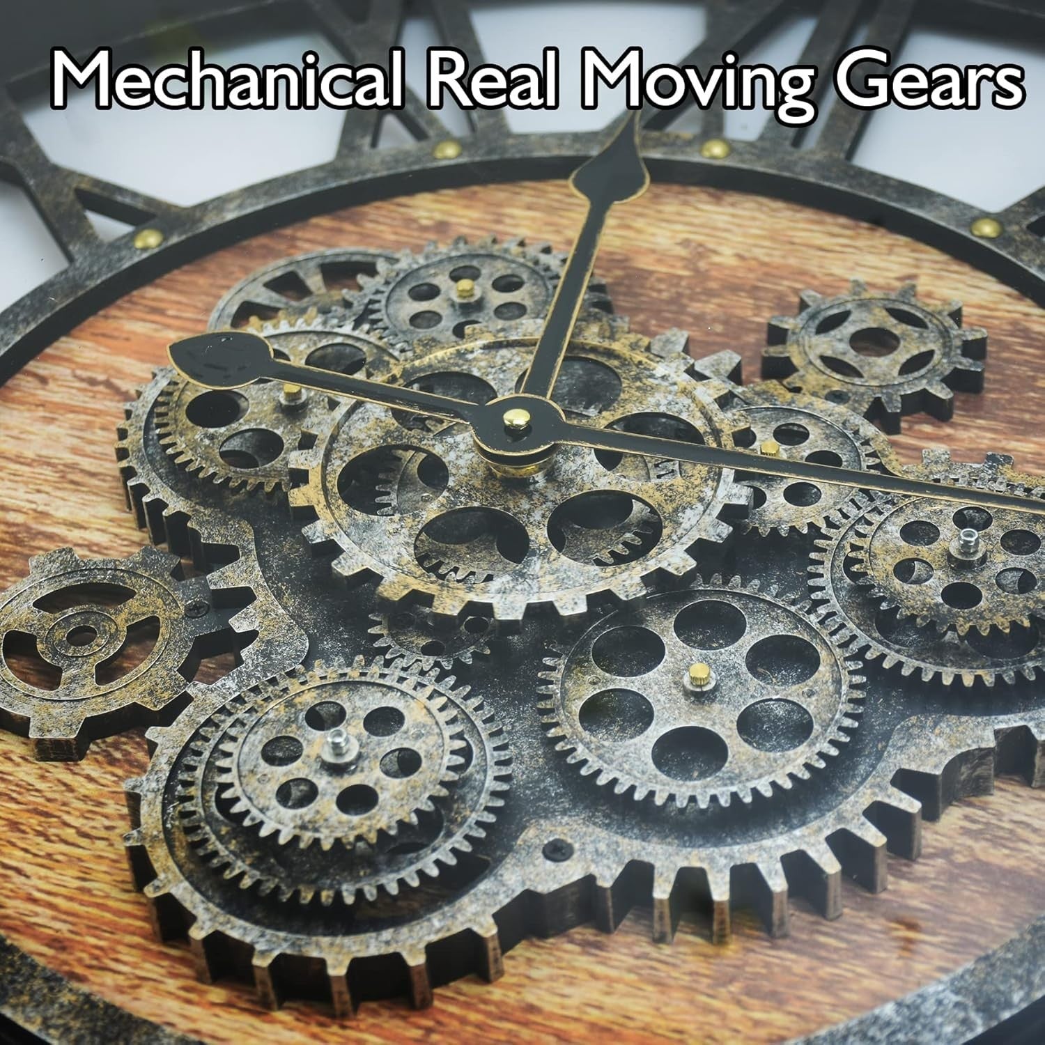 Vintage Industrial Large Wall Clock Rustic Steampunk Wooden Moving Gears