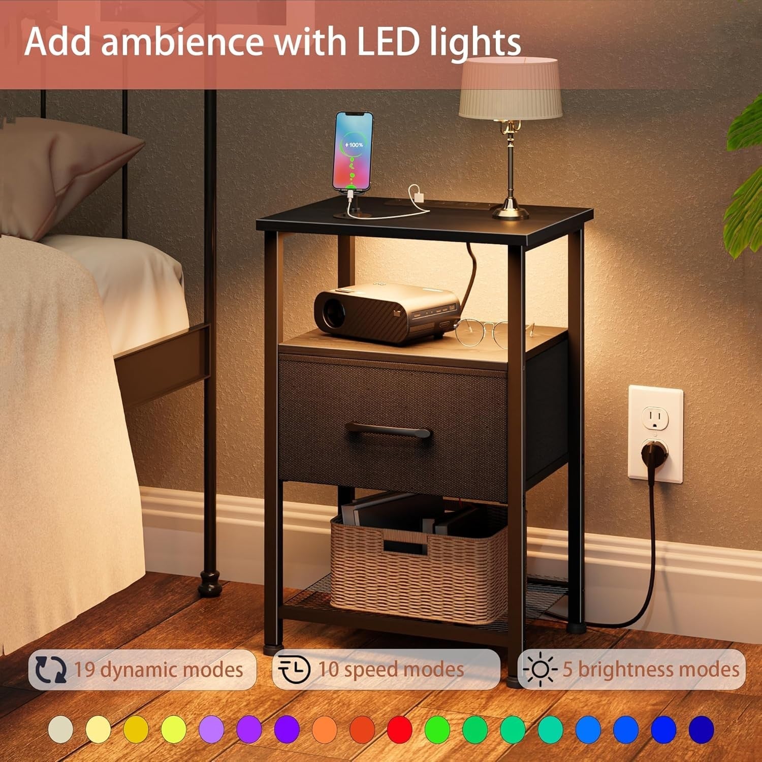 Set of 2 Smart LED Bedside Tables with Drawer, USB & Power Ports
