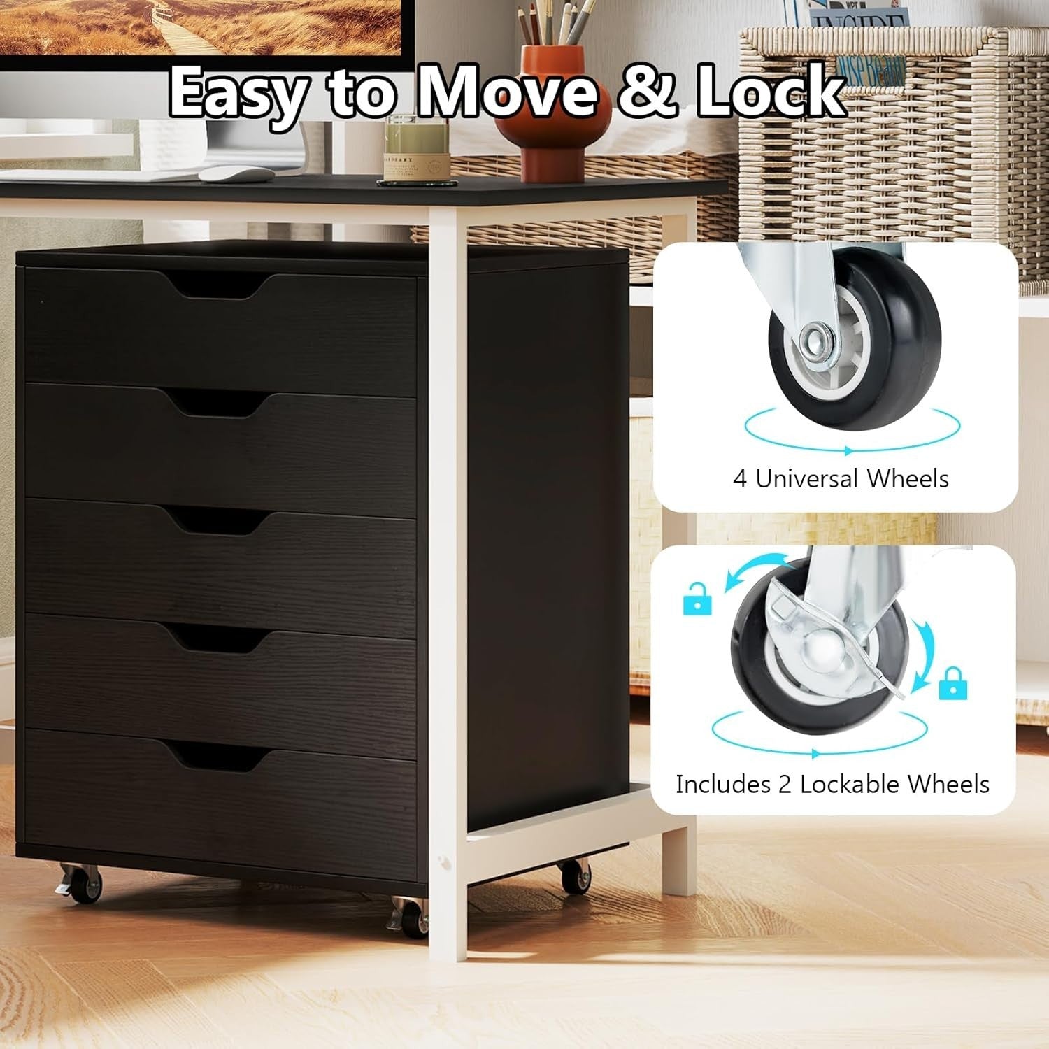 Black Mobile 5 Drawer File Cabinet Rolling Under Desk Office Storage