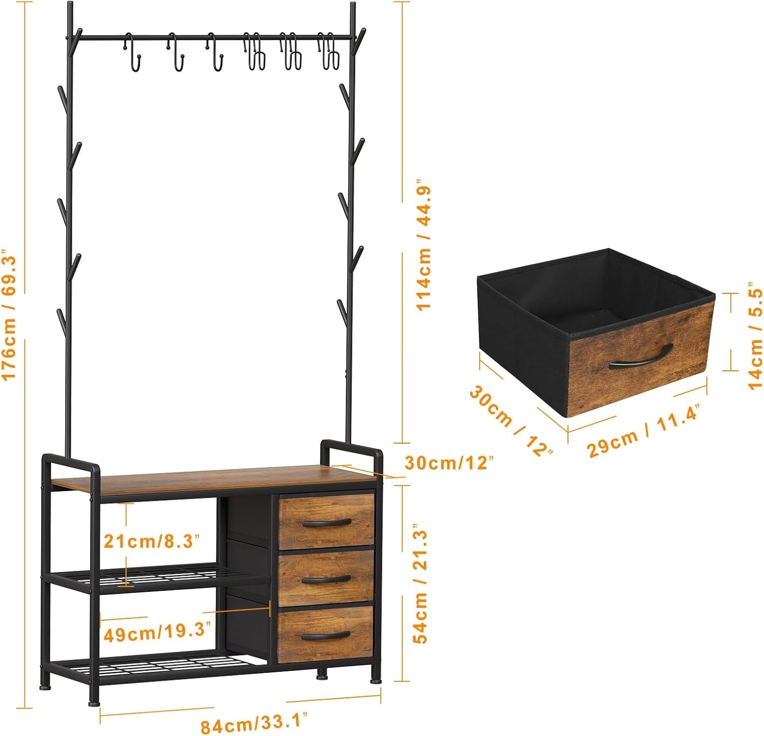 Industrial Coat Rack with Drawers & Shoe Bench | Rustic Brown Hall Tree Stand