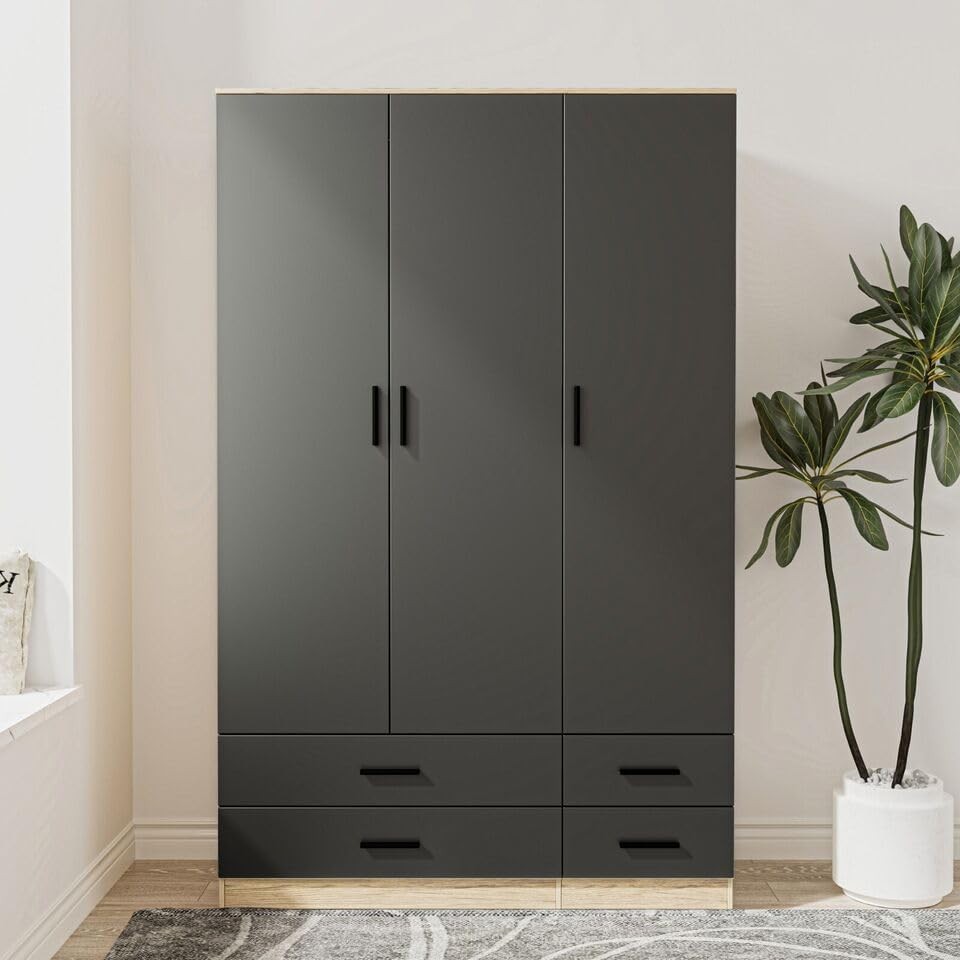 Oak & Black Wardrobe 3 Door 4 Drawer Modern Storage Cabinet Bedroom