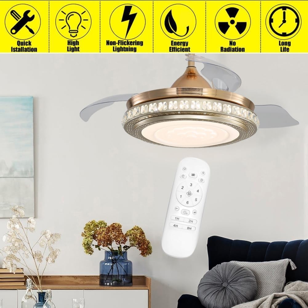 Warmiehomy 42" Ceiling Fan with Lights Retractable Blades 36W LED Gold