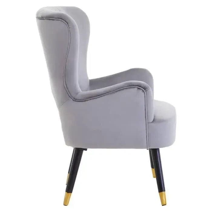 Grey Velvet Armchair Cut Out Back Gold Tip Legs Lounge Bedroom Chair