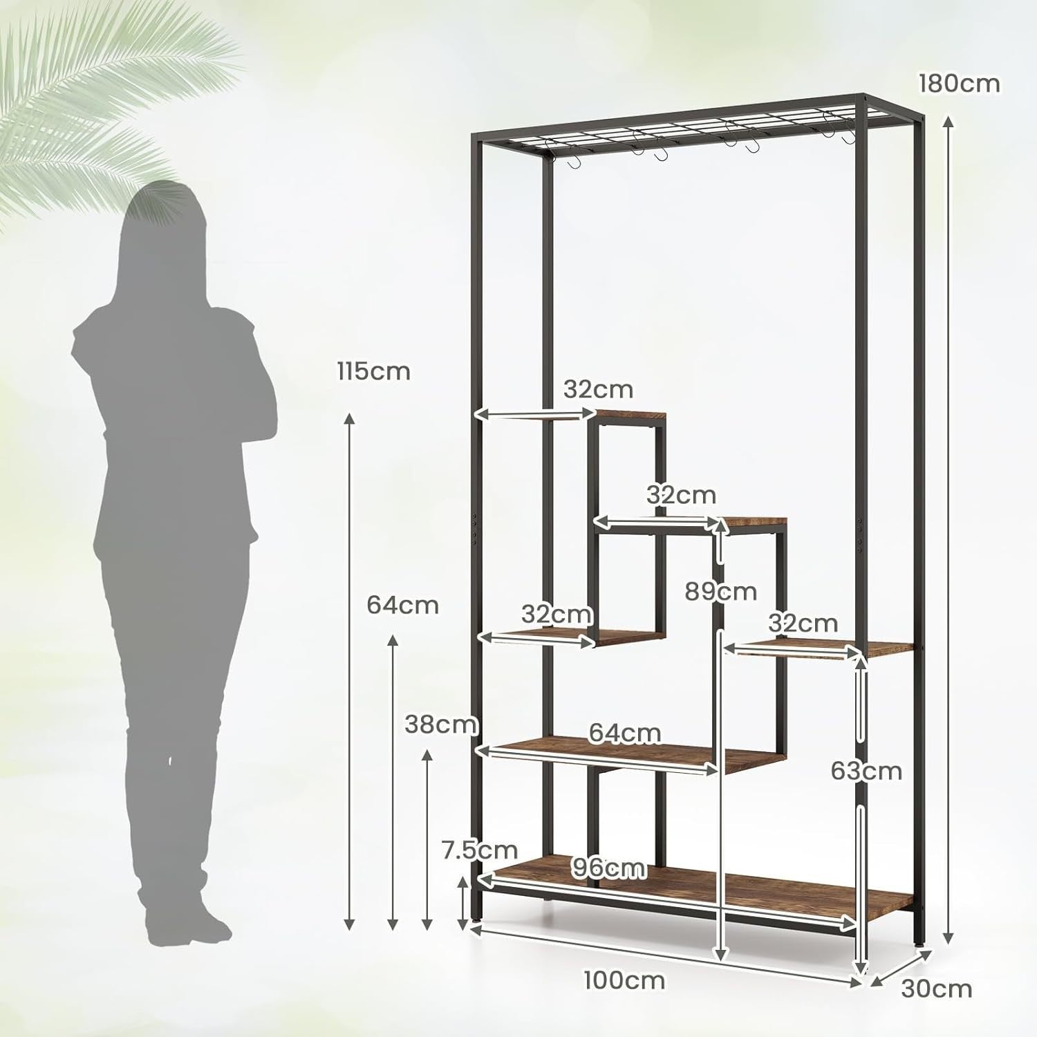 6-Tier Tall Metal Plant Stand with Hooks, Indoor Flower Shelf Display Rack 180cm
