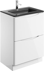 600mm Floor Standing Vanity Unit White Gloss with Grey Glass Basin Bathroom
