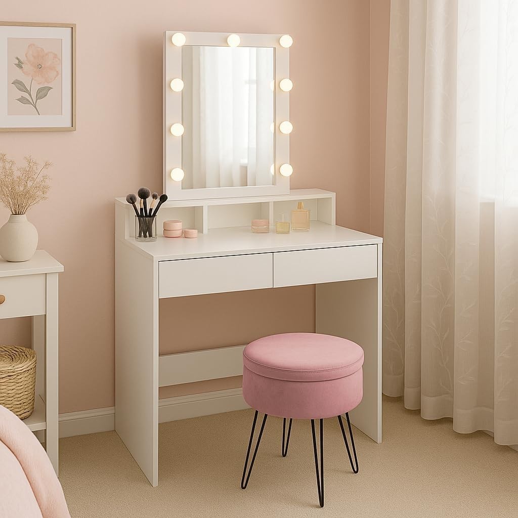 Pink Vanity Dressing Table Makeup Desk LED Mirror 2 Drawers Storage Wood