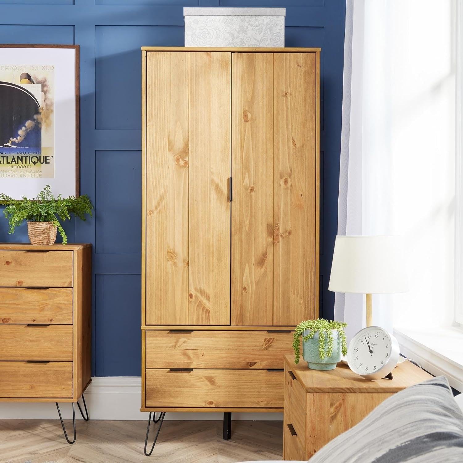Wardrobe Cabinet with Drawers & Hanging Rail, Pine Wood Storage Unit