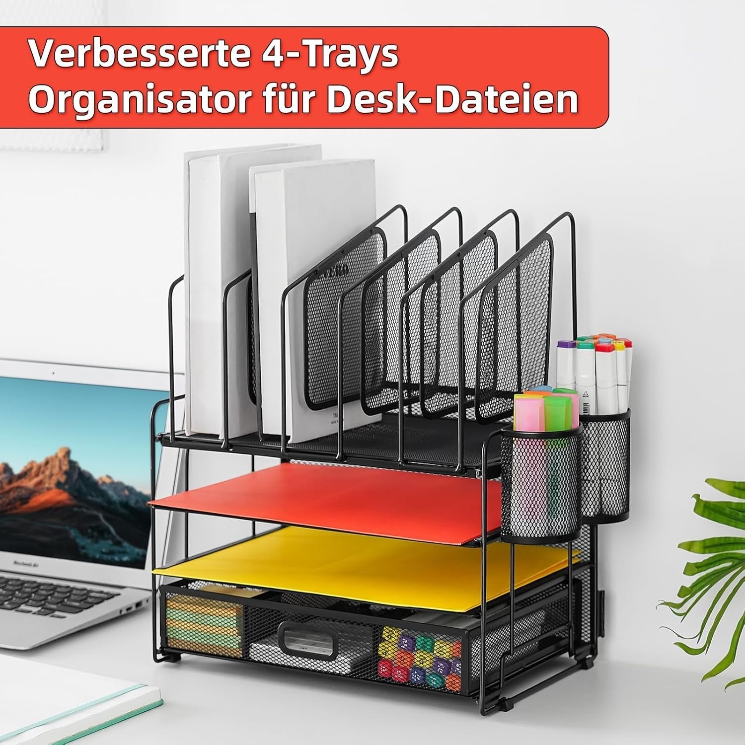 4-Tier Desk Organizer Tray with Drawer, 5 Vertical File & Pen Holders