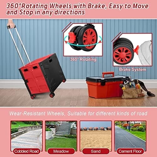 Foldable Grocery Shopping Trolley Cart Box 50Kg with Lid Portable Red