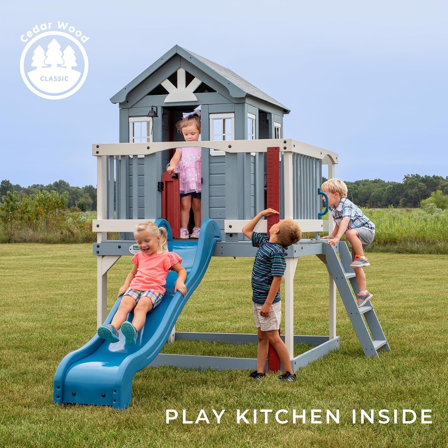 Elevated Cedar Kids Playhouse with Slide Toy Kitchen Growth Chart