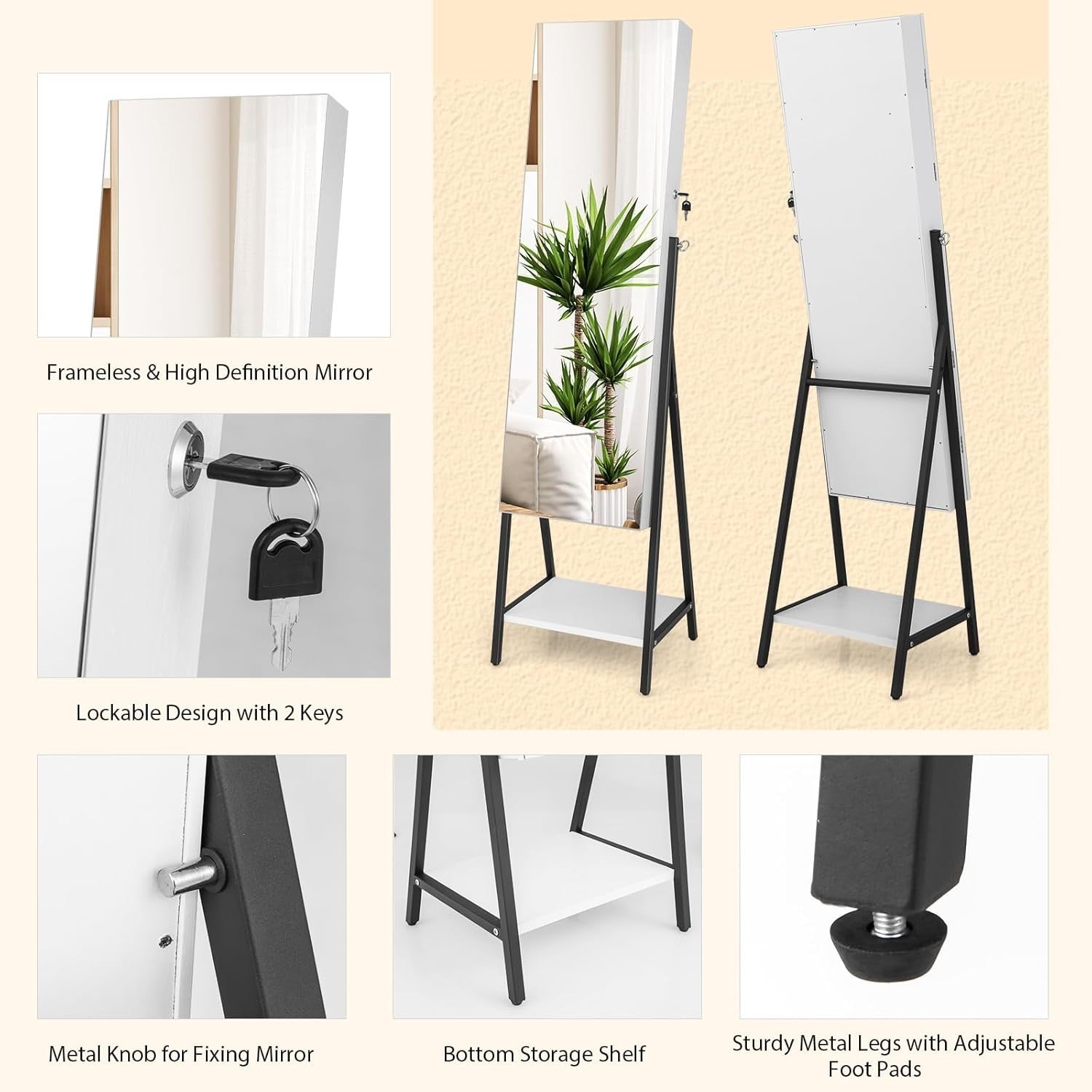 White LED Jewelry Cabinet Mirror Lockable Full Length Storage Stand