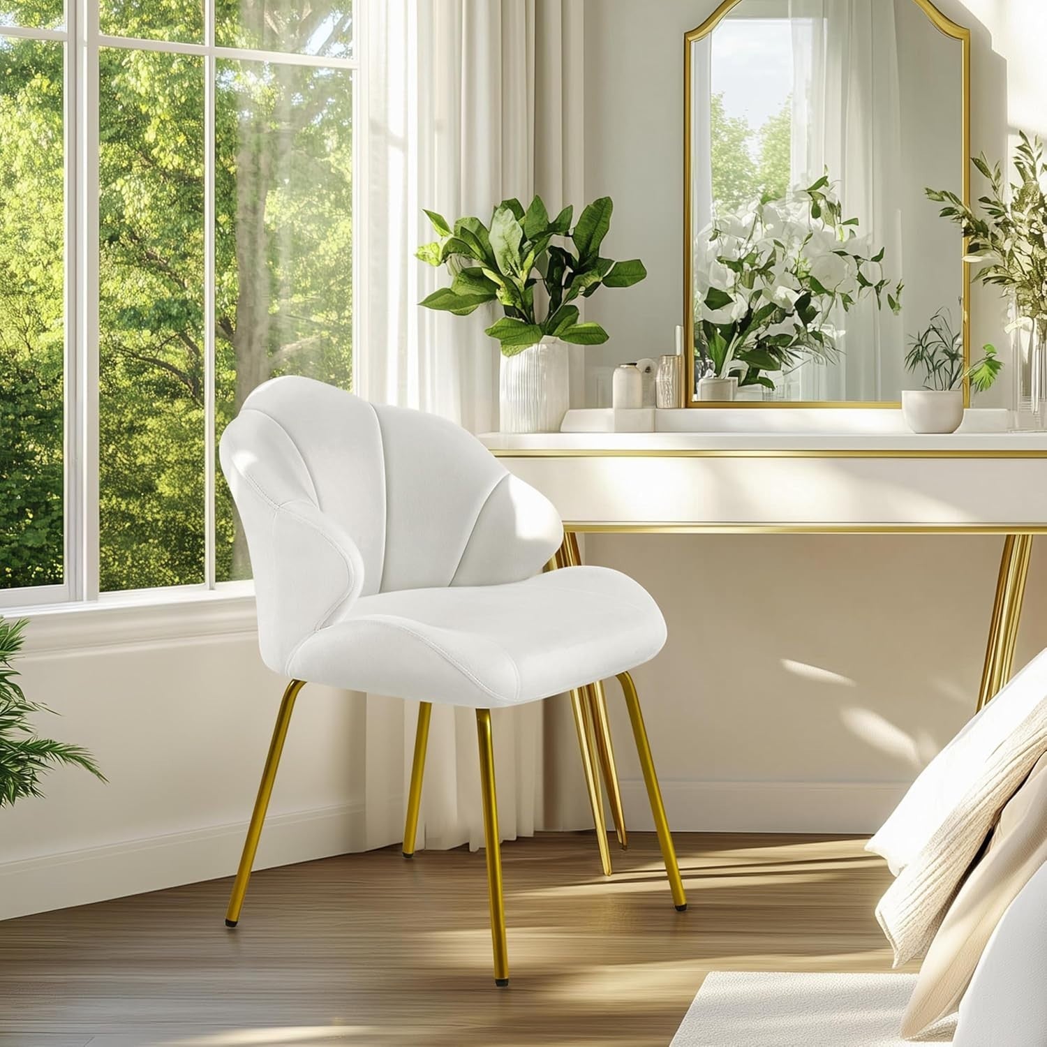 White Velvet Shell Chair Gold Legs Makeup Vanity Seat Bedroom Accent