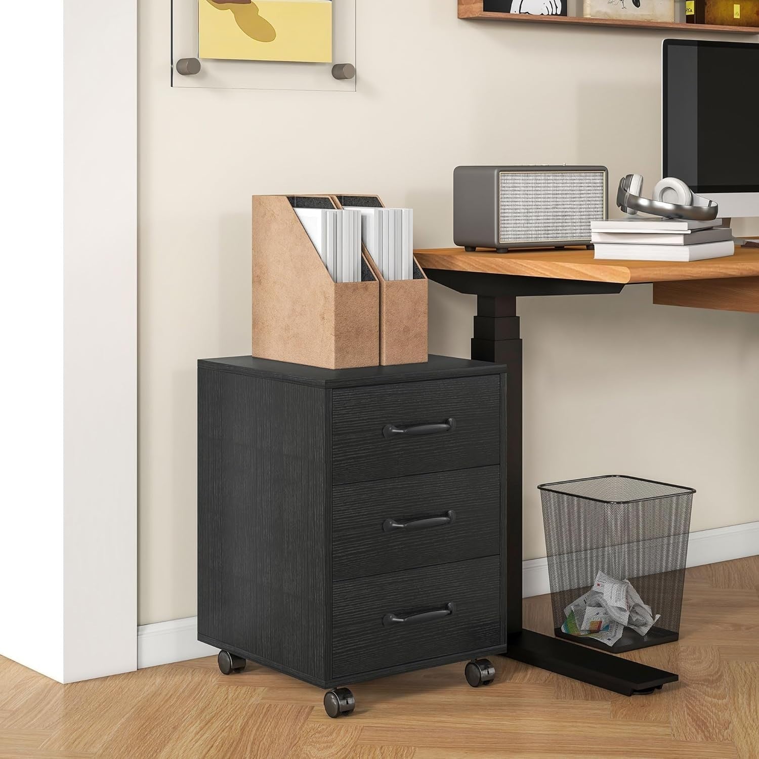 Black Wood Grain Rolling Drawer Cabinet 3 Tier Under Desk File Storage