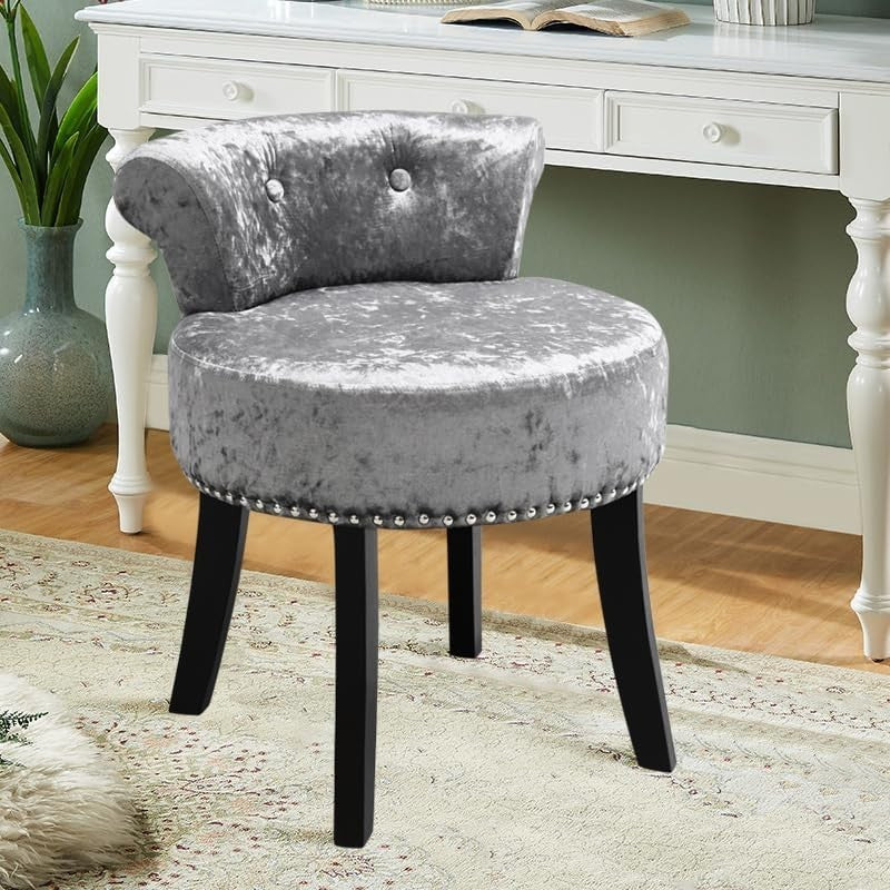 Silver Grey Ice Velvet Dressing Table Stool with Wooden Legs