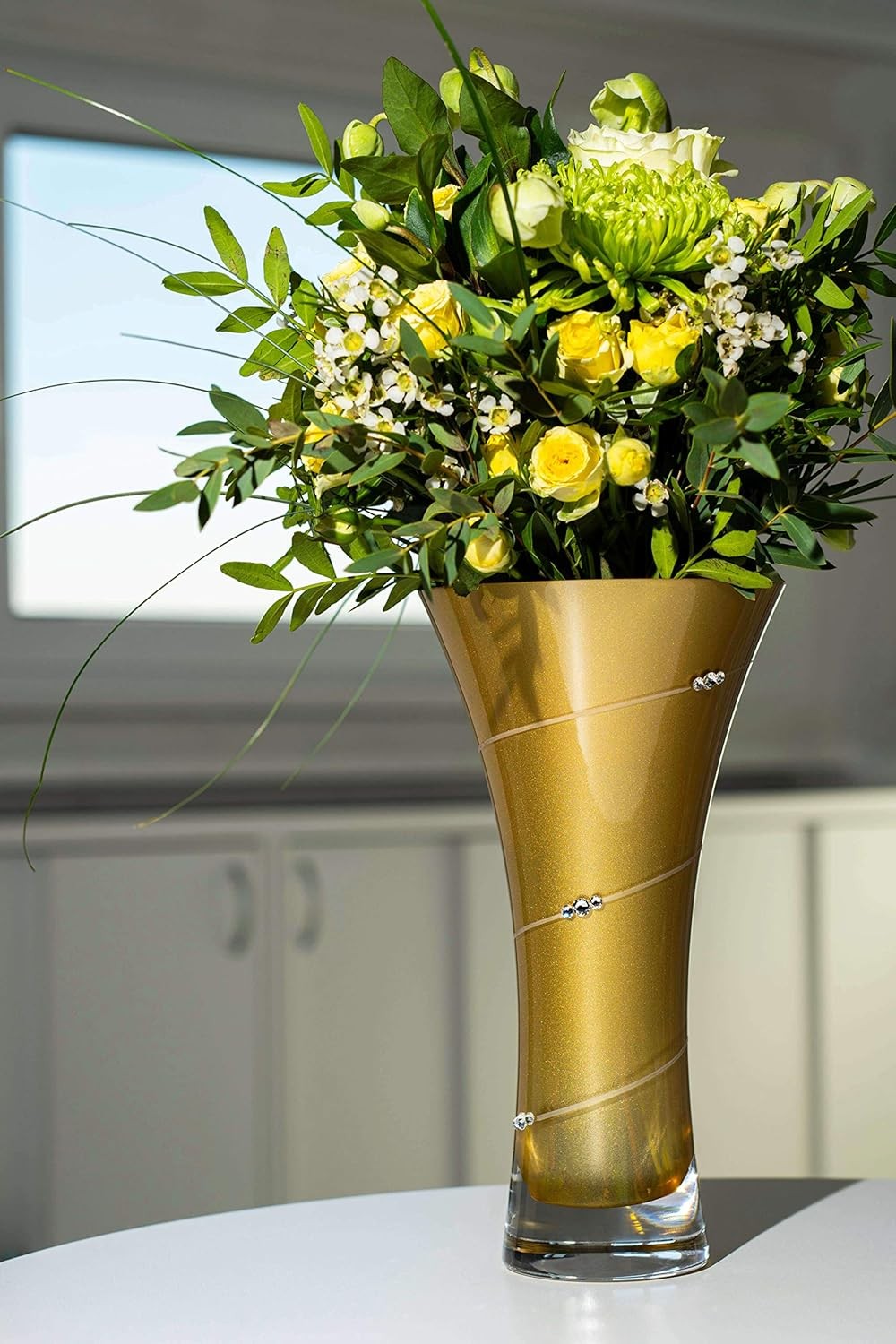 Gold Trumpet Glass Vase 25cm Luxury Flared Flower Vase with Crystal Detail