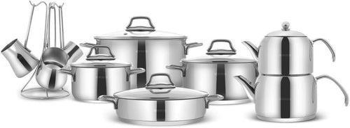 15pcs Stainless Steel Cookware Pot & Turkish Tea Coffee Set Induction Safe