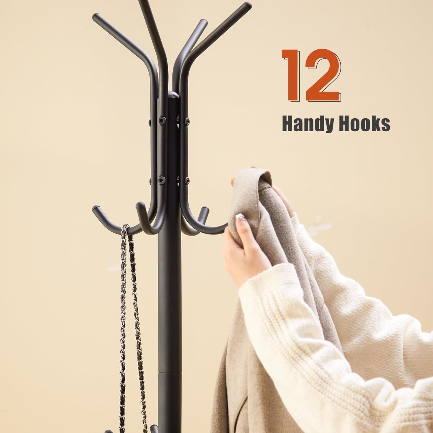 Freestanding Black Metal Coat Rack 12 Hooks with Umbrella Holder Stand