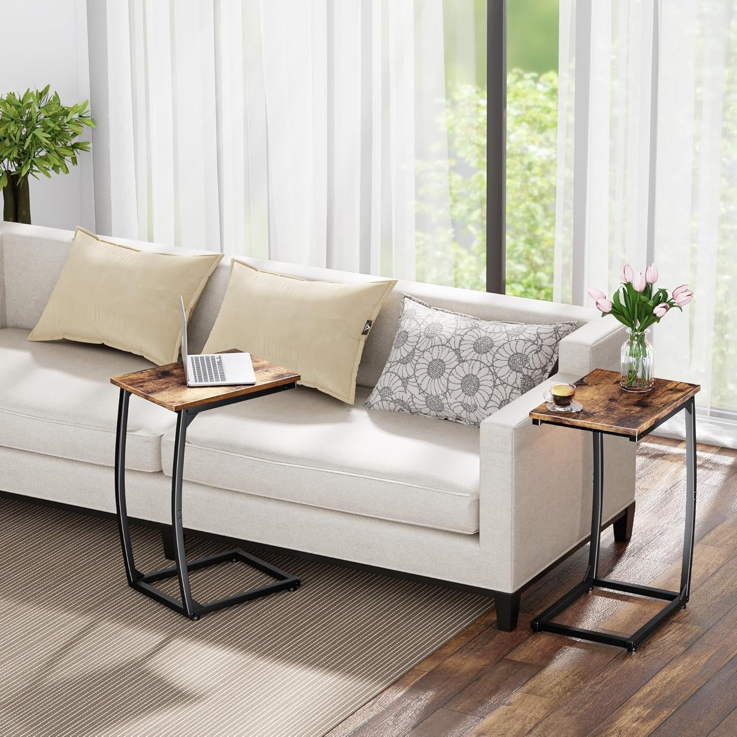 C Shape Brown Side Table Sofa Laptop Snack Stand Narrow TV Tray for Living Room