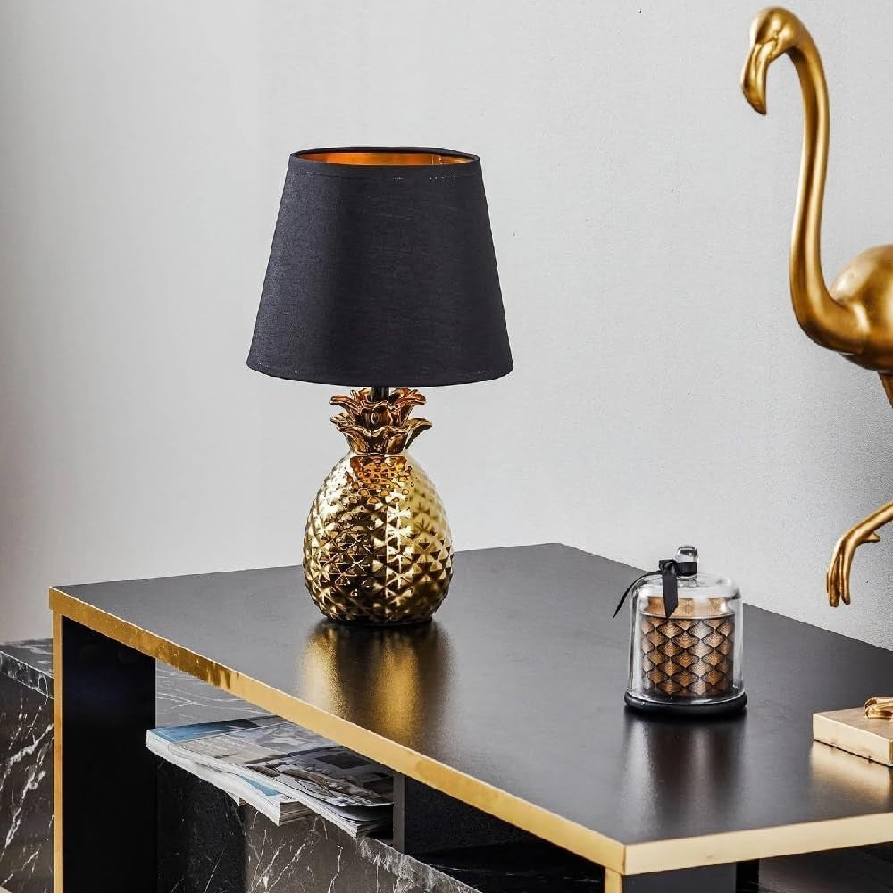Gold Ceramic Pineapple Table Lamp Black Fabric Shade 35cm E14