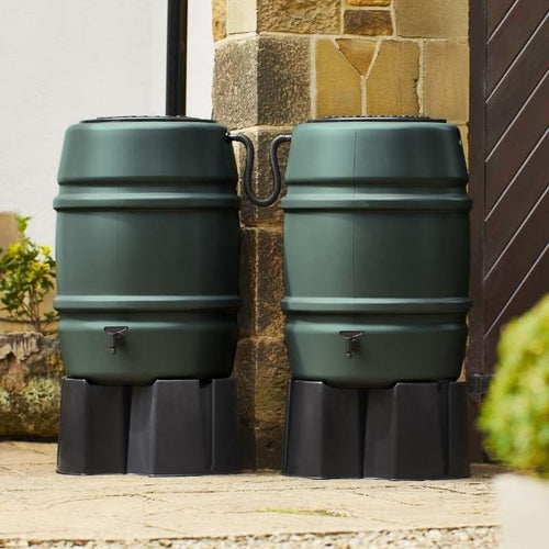 168L Green Round Water Butt With Tap Stand Diverter & Link Kit Garden