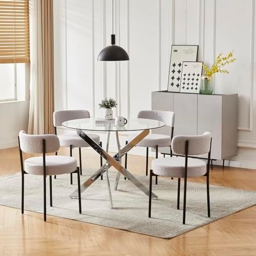100CM Round Glass Dining Table with 4 Grey Upholstered Chairs Set
