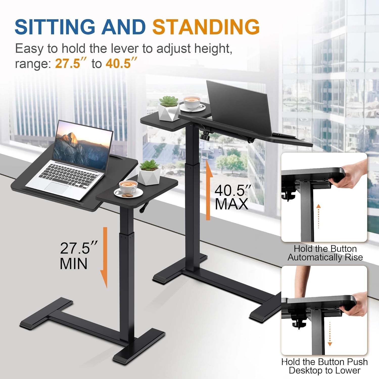 Black Overbed Laptop Table Adjustable Height Tilt Top Rolling Bedside Desk
