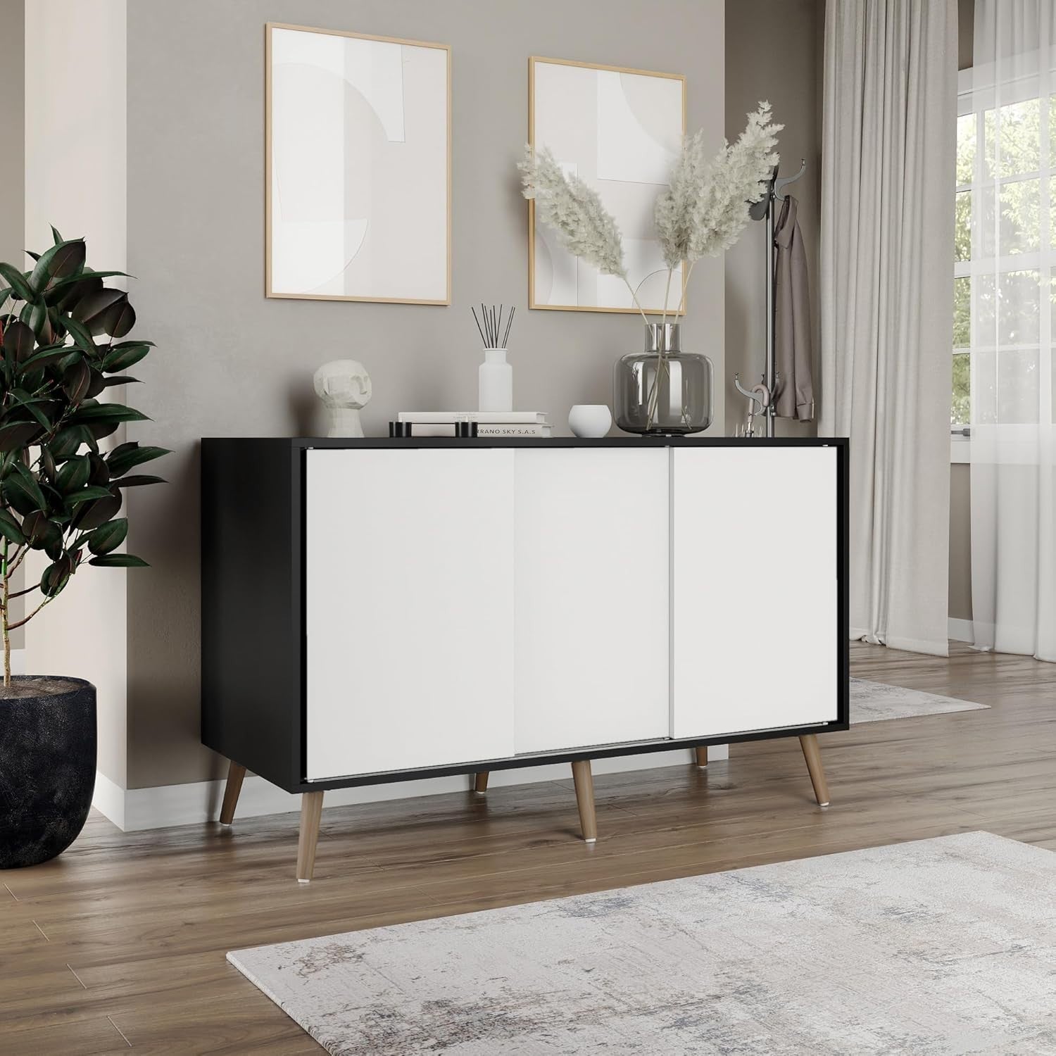 Modern 3-Door Sliding Sideboard Cabinet with Wooden Legs & Storage Organizer