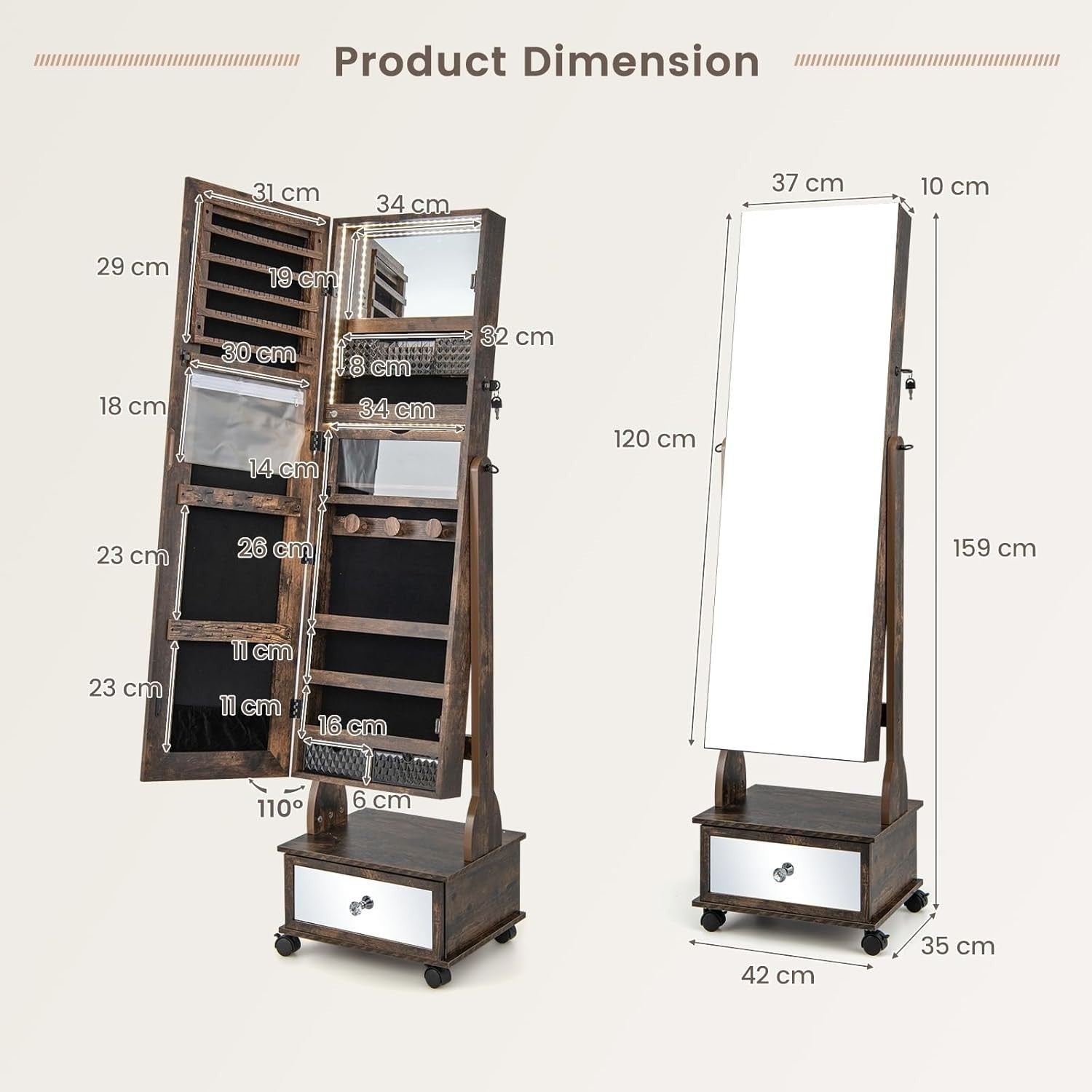 Rustic Brown LED Jewelry Armoire Lockable Mirror Cabinet with Wheels