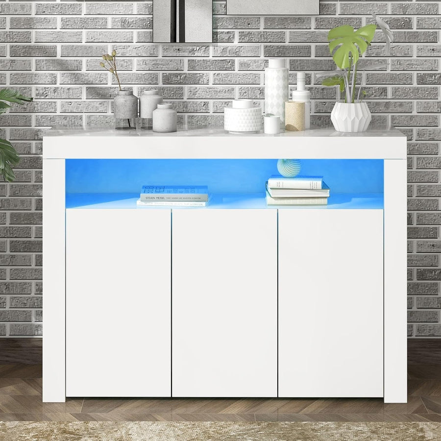 Modern LED High Gloss Sideboard 3 Door Cabinet Storage RGB Lights White