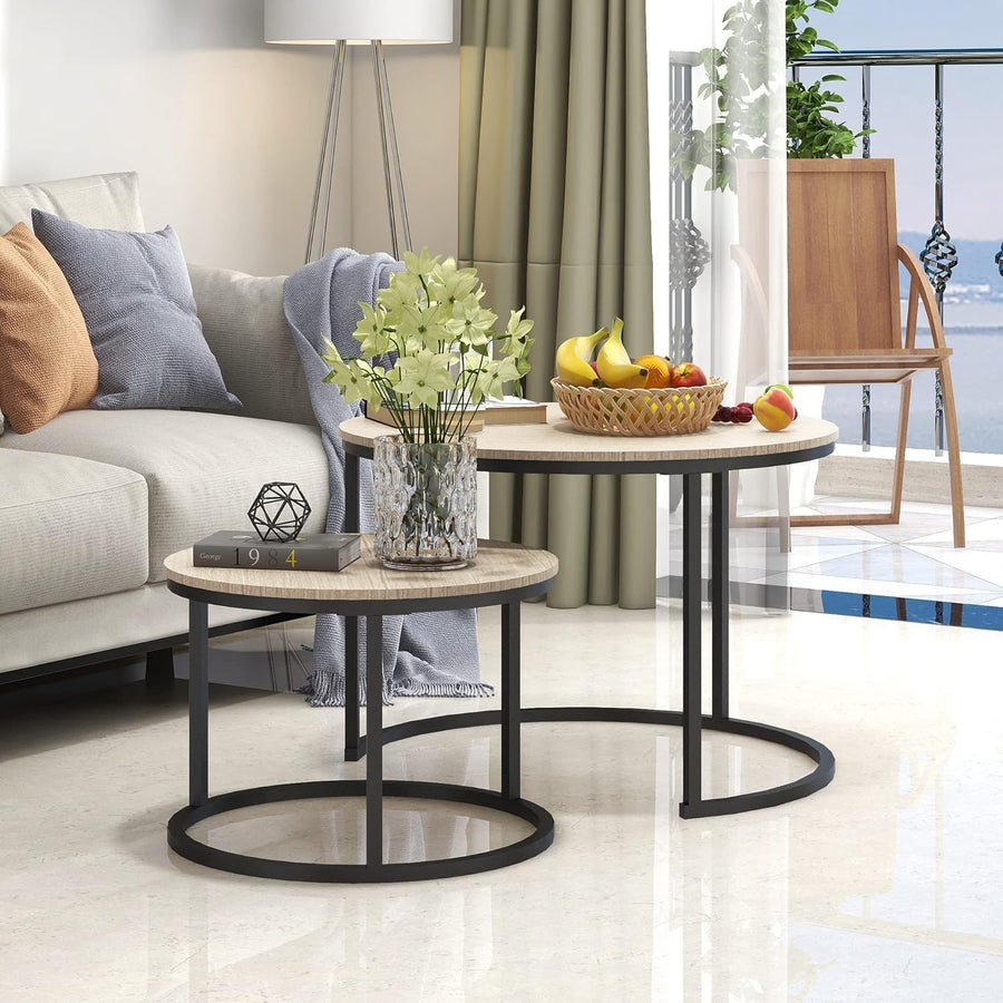 2-Piece Nesting Coffee Table Set Wood Metal Frame Small Space Living Room