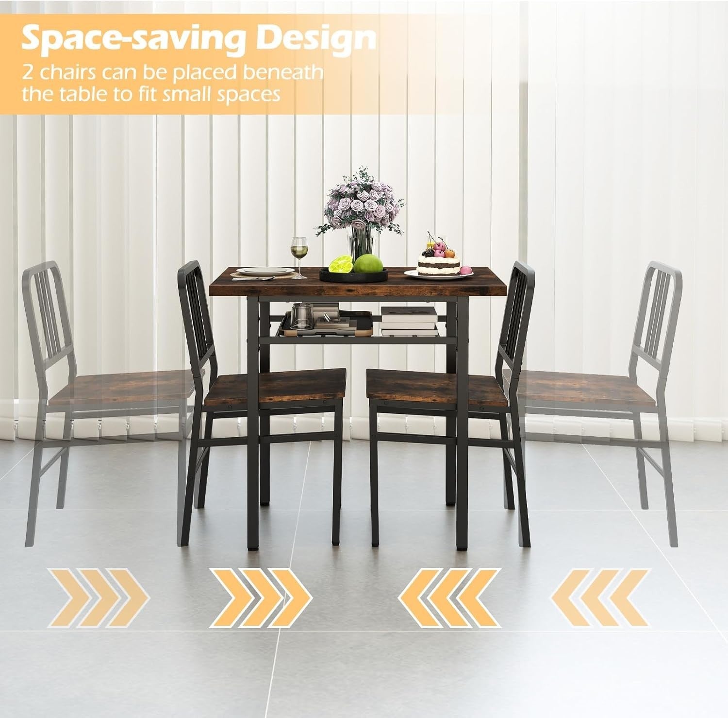 Rectangular 3-Piece Kitchen Dining Set with Storage Rack & Metal Frame Chairs