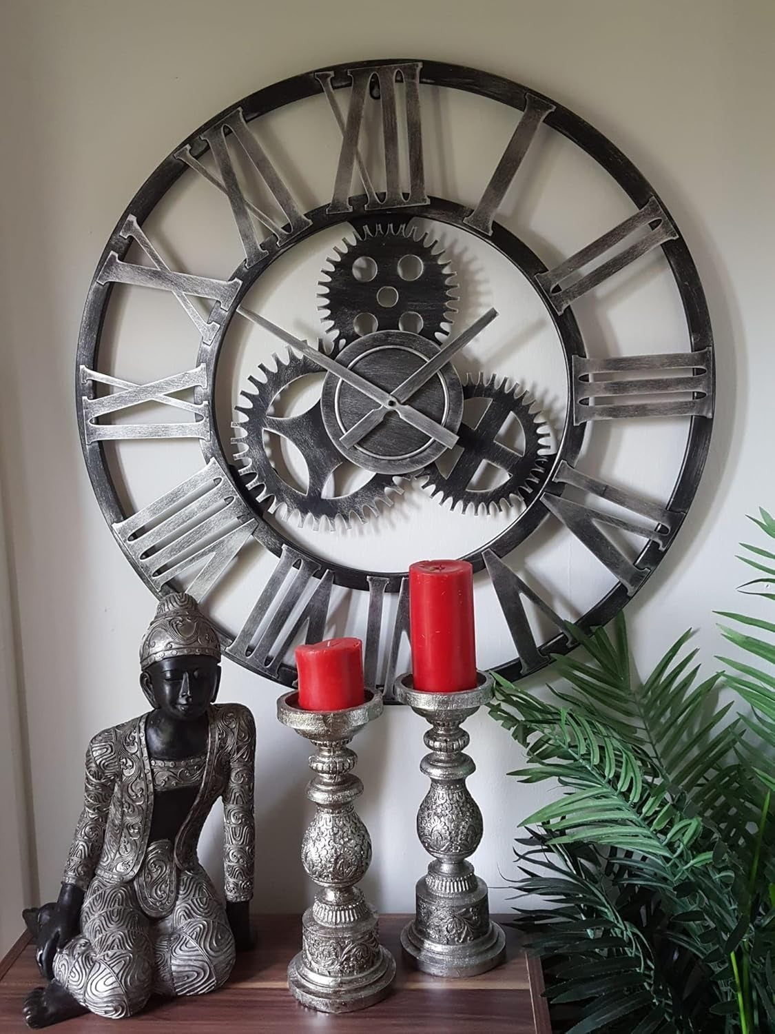 76cm Industrial Metal Gear Wall Clock - Rustic Silver Skeleton Roman Numerals V