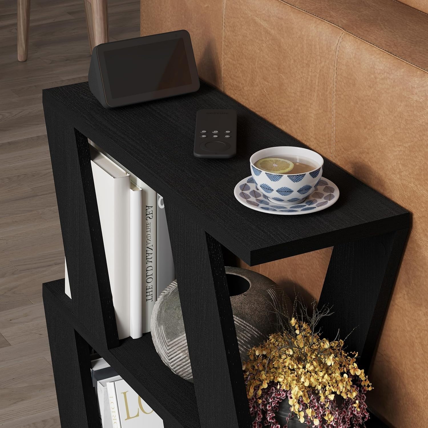 Slim Black Wood Side Table with 2 Tier Storage Shelf | Modern 60cm